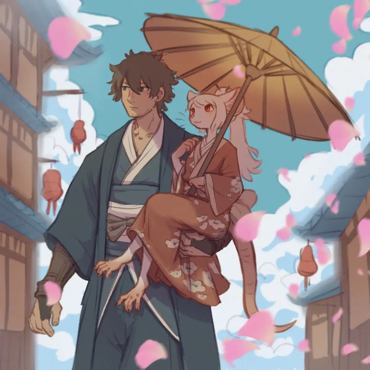 An anime-style illustration shows a man in a dark blue kimono carrying a small, cat-eared girl in a brown floral kimono on…
