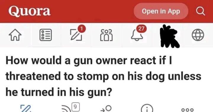 A screenshot of a Quora mobile app interface showing a question: 'How would a gun owner react if I threatened to stomp on…