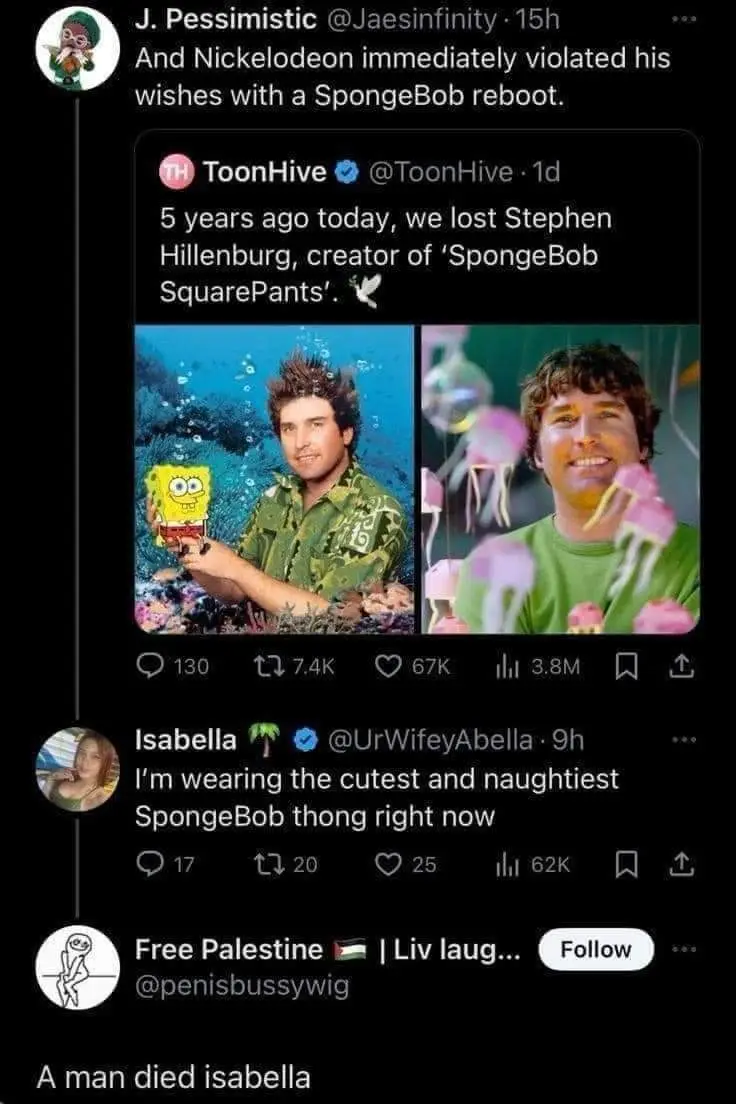 A screenshot of a Twitter thread shows a tweet from ToonHive announcing the death of Stephen Hillenburg, creator of…