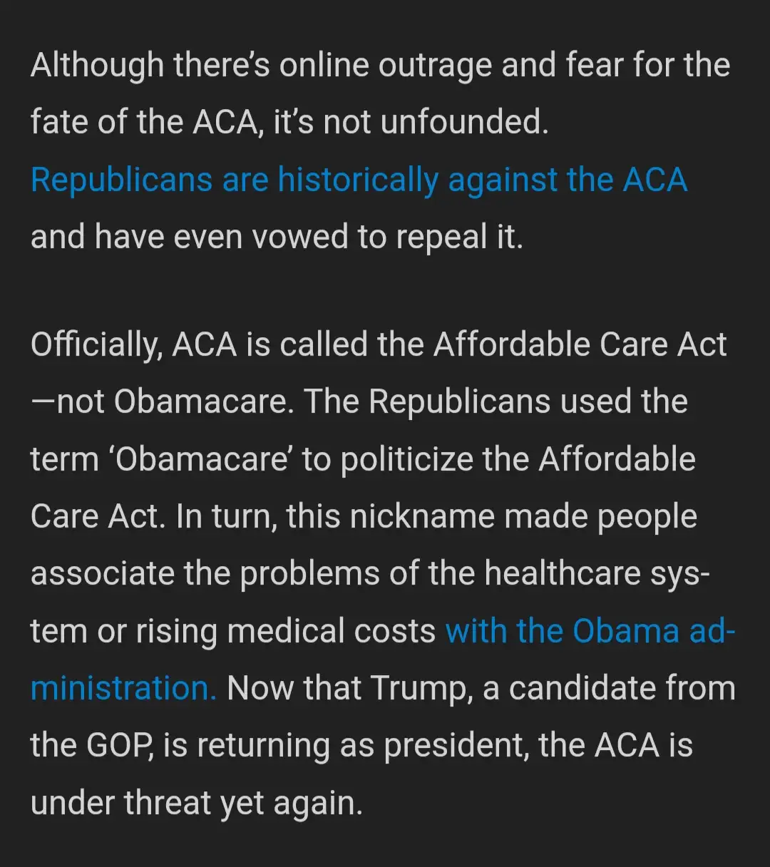 The image displays a block of white text on a dark background explaining political context around the Affordable Care Act…