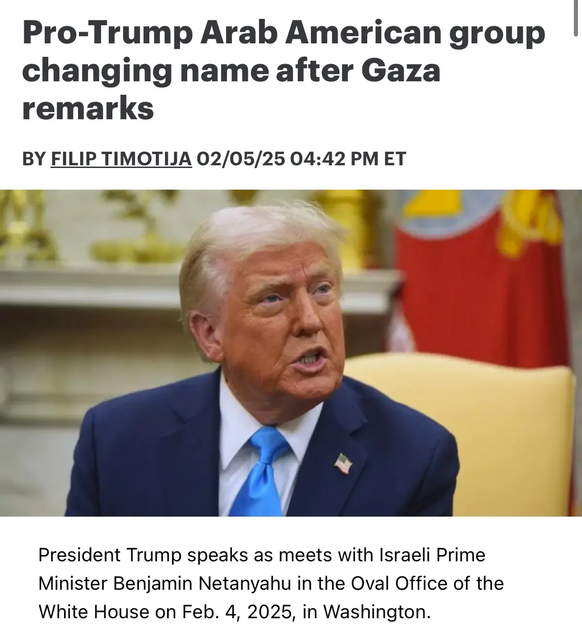 A screenshot of a news article header showing a photo of Donald Trump speaking in the Oval Office, with the headline…