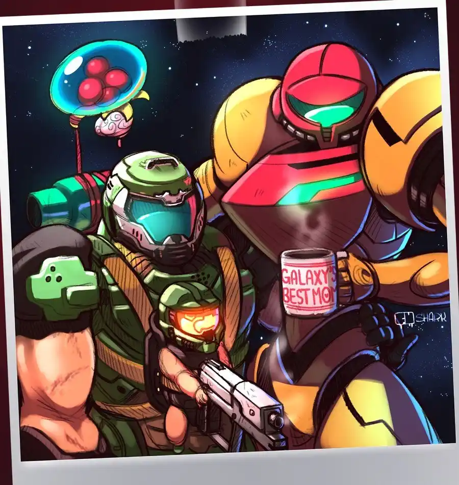 A cartoon image shows two armored characters in space, one large and red holding a mug that reads 'GALAXY'S BEST MOM', while…