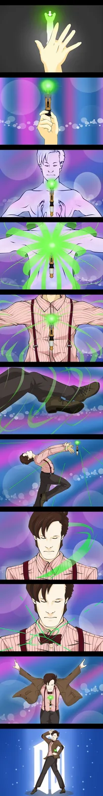 A comic strip shows a hand holding a glowing green sonic screwdriver, then a man with it in his chest, emitting green…