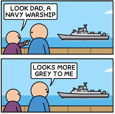 Two bald cartoon children stand on a dock looking at a grey naval warship in the distance. The child in purple points…