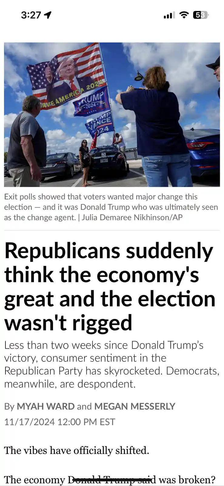 A screenshot of a news article with a photo of Trump supporters holding flags at a rally. The article headline reads…