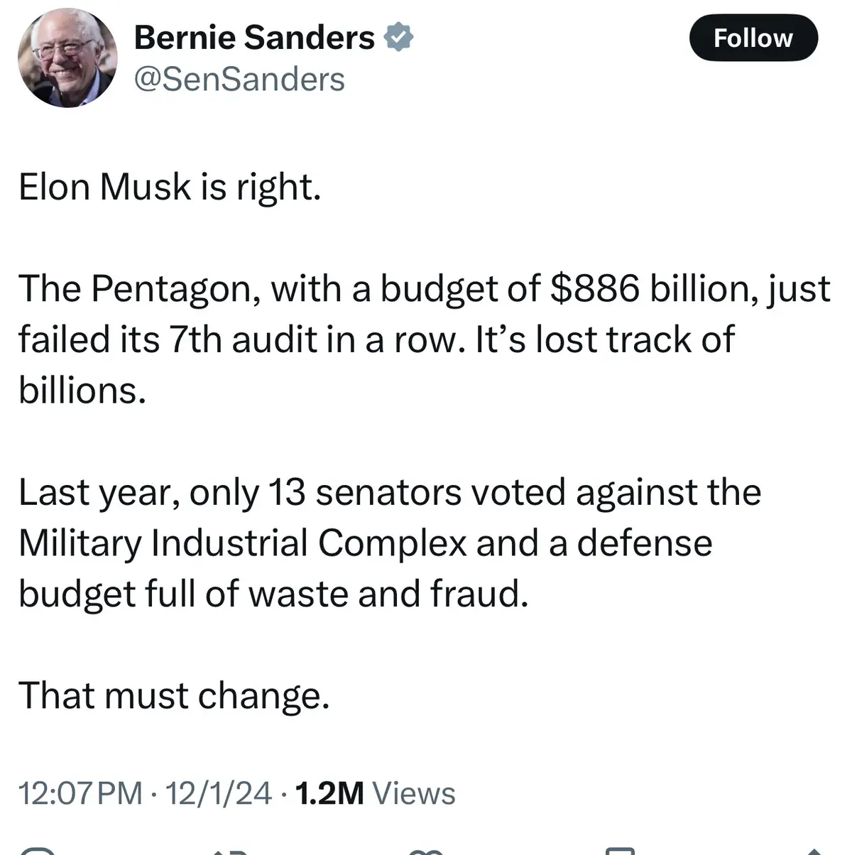 A screenshot of a tweet from Bernie Sanders' official Twitter account, showing his profile picture, handle @SenSanders, and…