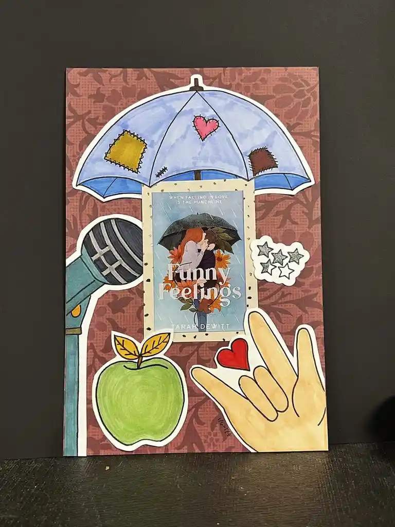 A handmade collage features a book cover for 'Funny Feelings' by Tarah DeWitt, surrounded by cutout stickers including a…