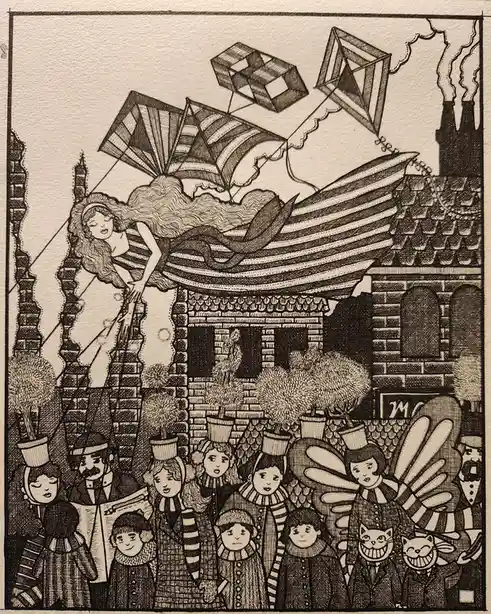 A black-and-white ink drawing depicts a woman with long hair and flowing robes, seemingly floating or flying above a crowd…
