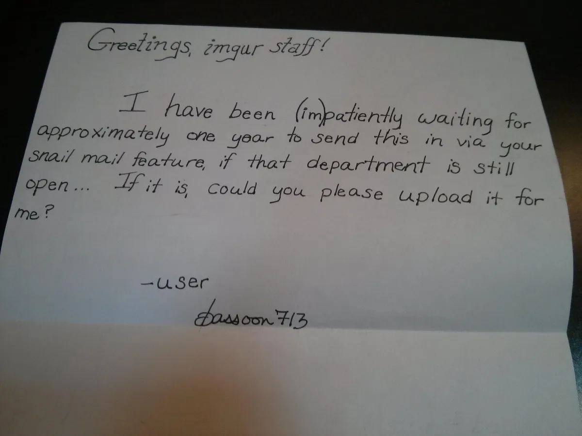 A handwritten note on white paper, addressed to 'imgur staff', humorously requests that they upload a photo via their 'snail…