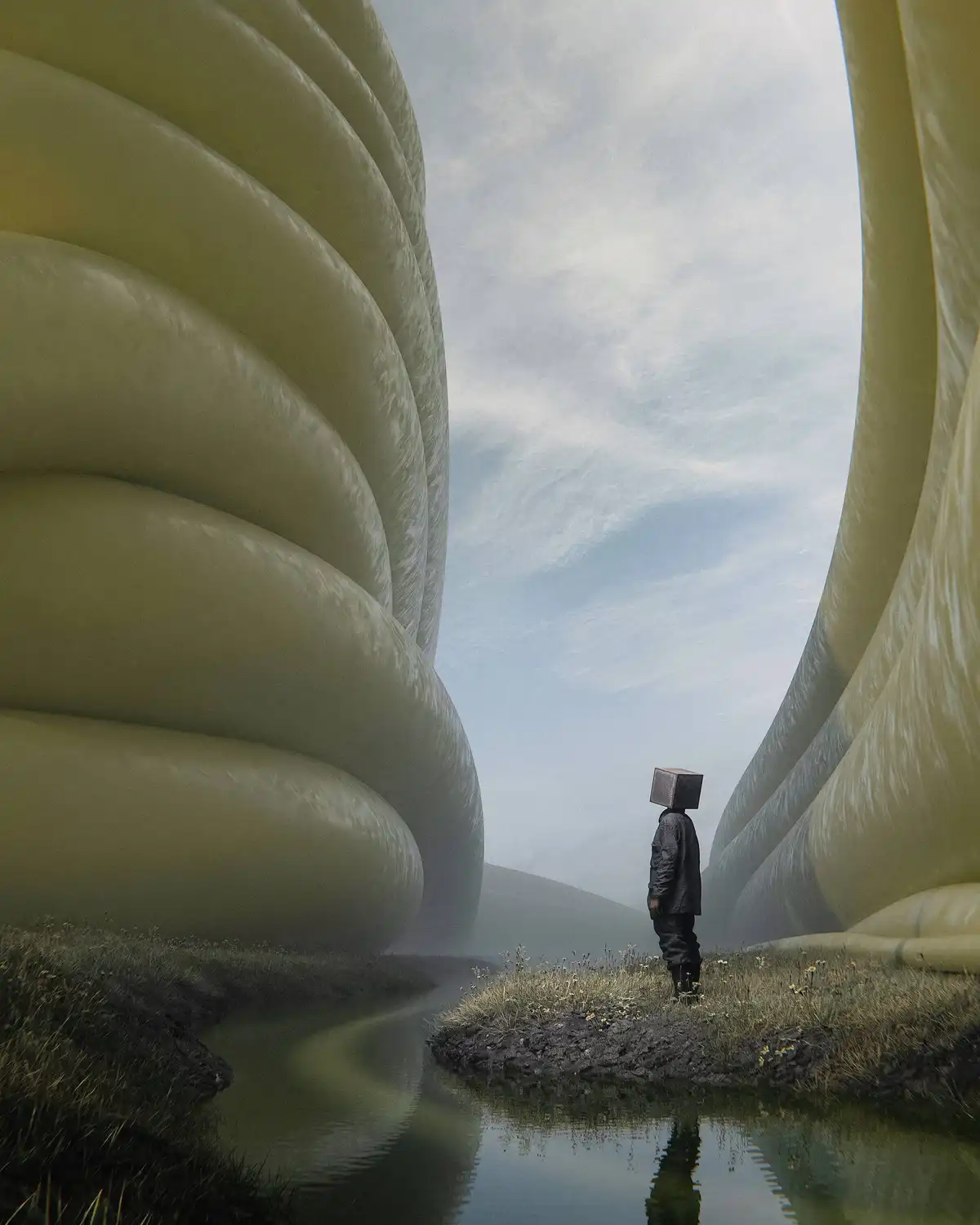 A person wearing a box for a head stands alone on a grassy bank beside a stream, framed by two massive, curved, yellowish…