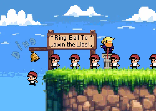 A pixel art meme showing a character ringing a bell to 'own the Libs!' while a crowd of identical figures watches. The scene…