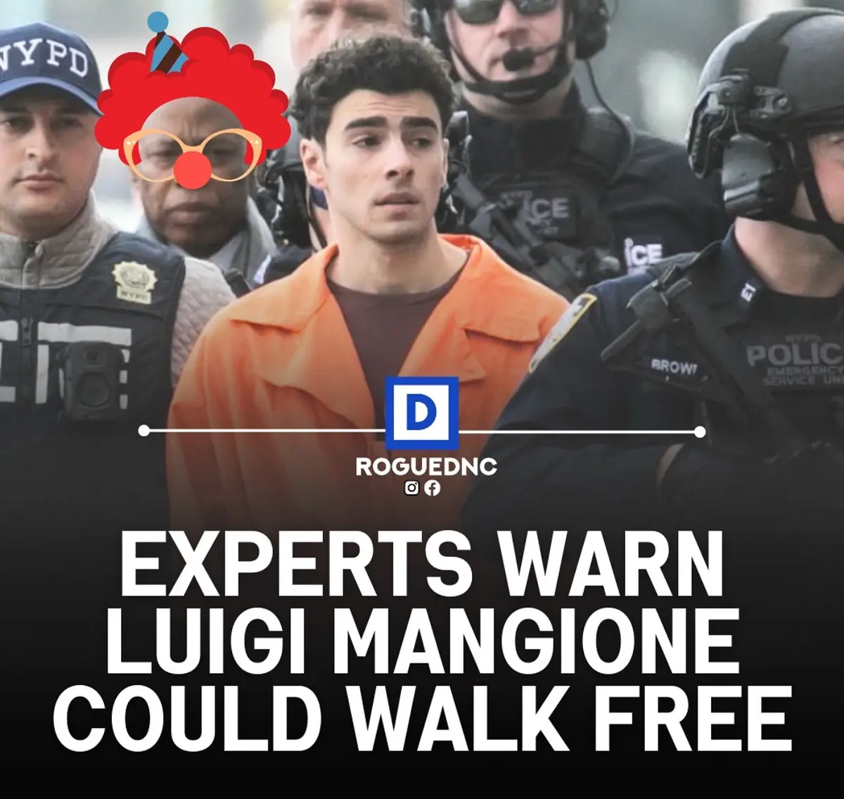 A man in an orange prison jumpsuit is surrounded by NYPD and ICE officers. A cartoon clown face is superimposed over one of…