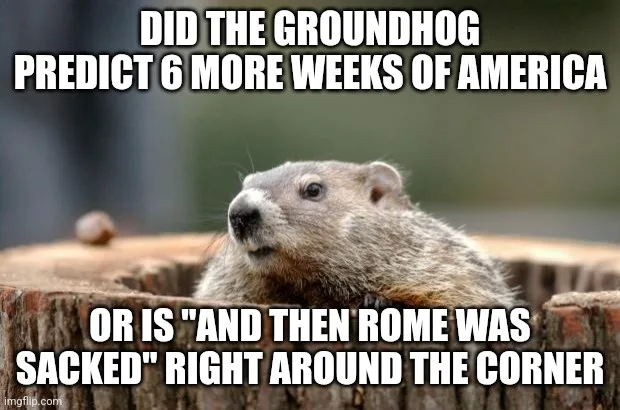 A groundhog peers out from a tree stump with a confused or concerned expression. White bold text overlays the image, asking…