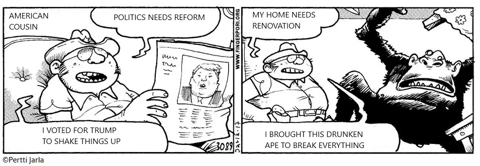 A two-panel comic strip shows a man reading a newspaper with a photo of Donald Trump, saying he voted for Trump to shake…