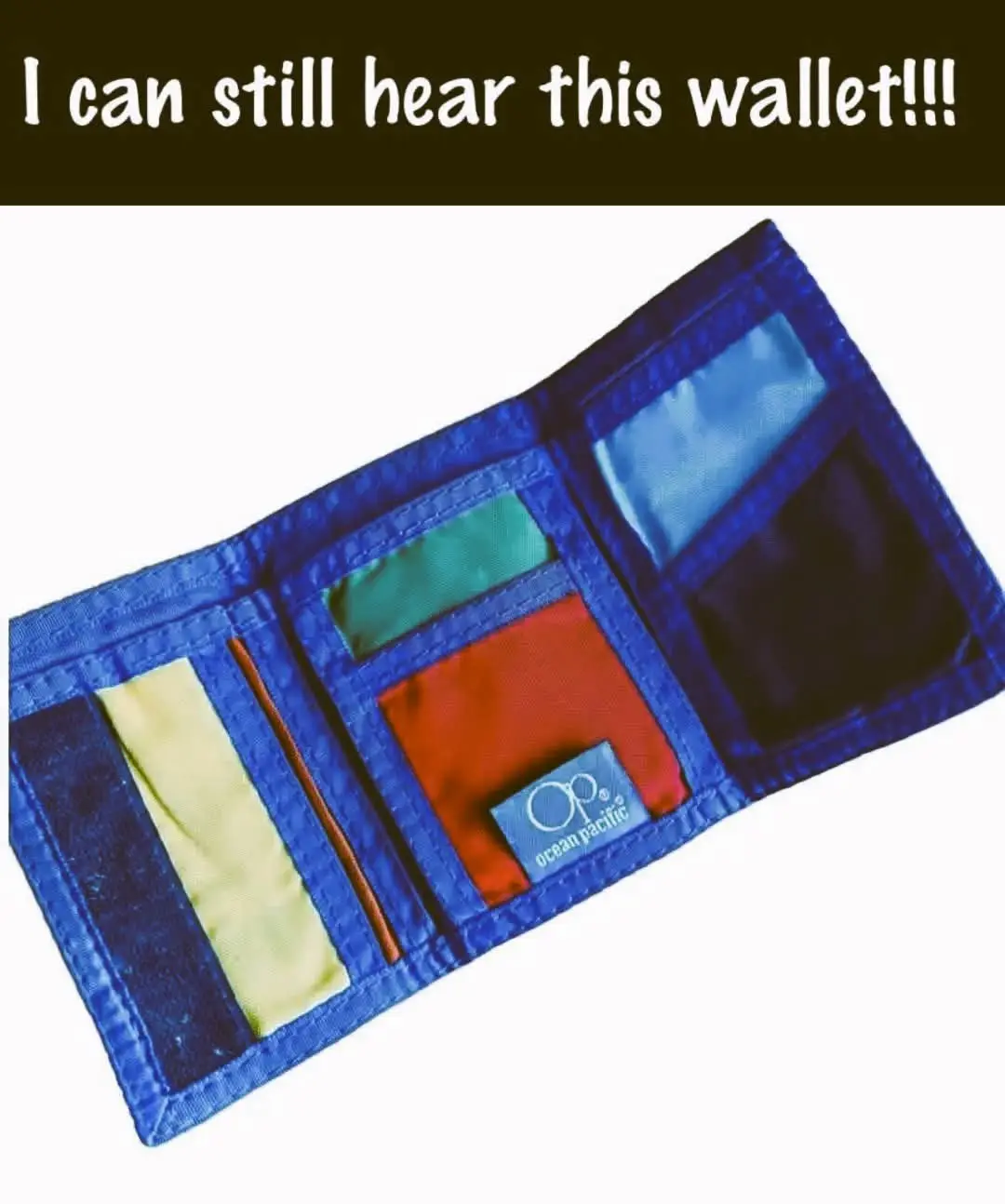 An open blue Ocean Pacific brand wallet with colorful inner compartments is shown against a white background, overlaid with…
