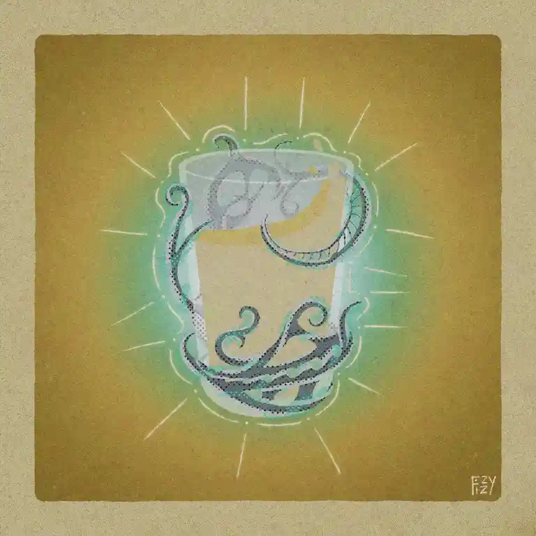A stylized illustration shows a clear glass coffee cup filled with light brown liquid, with a cartoon octopus emerging from…