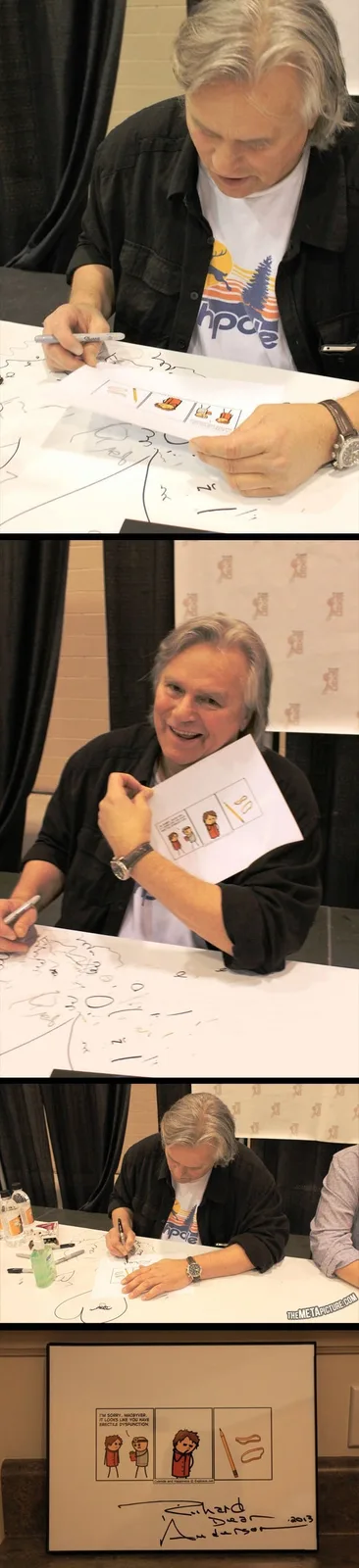 A three-panel comic strip by Richard Dean Anderson, shown in a fan signing event. The comic depicts a character apologizing…