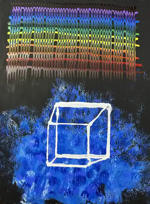 A colorful, dripping rainbow pattern hangs above a white outlined cube resting on a blue textured background. The overlaid…