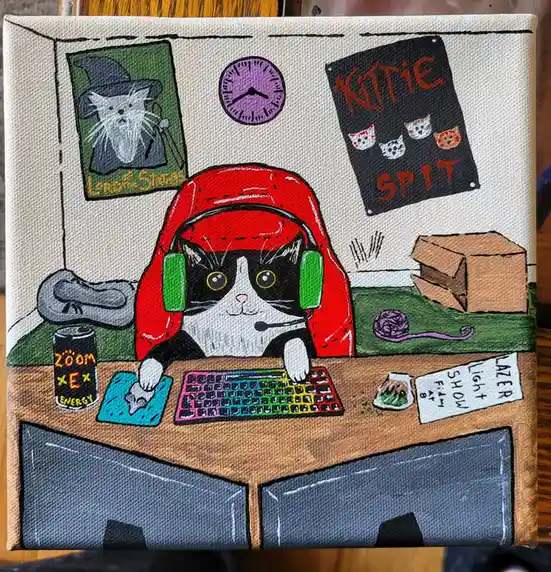 A hand-painted canvas depicts a black-and-white cat wearing a red hoodie and green headphones, sitting at a desk with a…