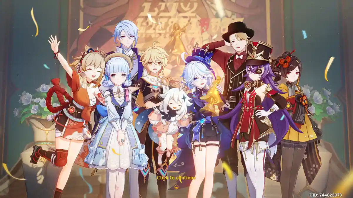A group of nine anime-style characters in elaborate costumes pose together in a celebratory setting with confetti and floral…