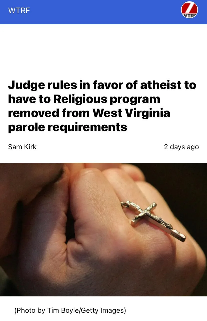 A news article screenshot from WTRF shows a headline about a judge ruling to remove a religious program from West Virginia…