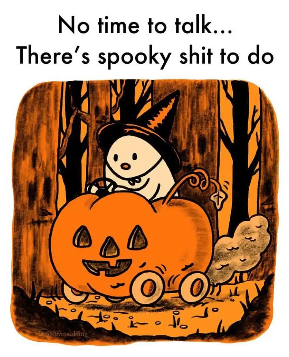A cartoon ghost wearing a witch hat drives a pumpkin car through an orange-hued forest, with smoke trailing from the…