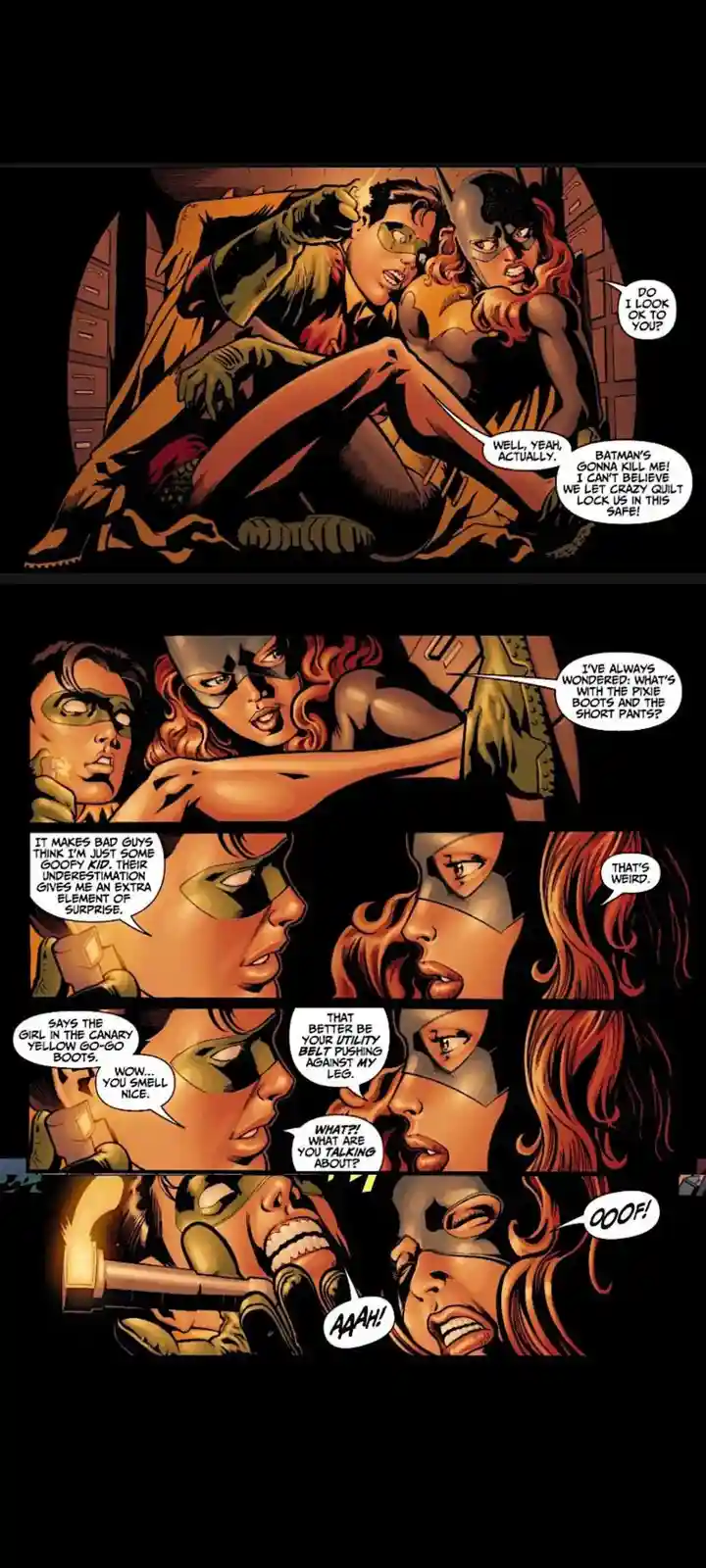 A comic book panel sequence featuring two masked female superheroes, one with red hair and the other with dark skin, in a…