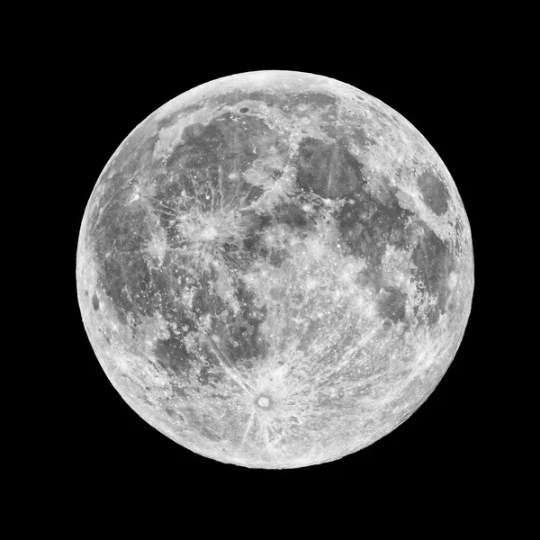 A high-resolution grayscale image of the full moon against a black background, showing detailed craters and surface…
