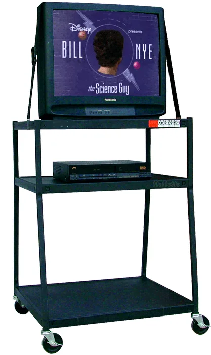 Six identical black TV carts, each holding a CRT television displaying the 'Bill Nye the Science Guy' show intro. The…