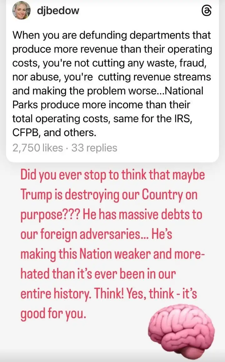 The image displays a screenshot of a social media post by 'djbedow' discussing defunding government departments that…