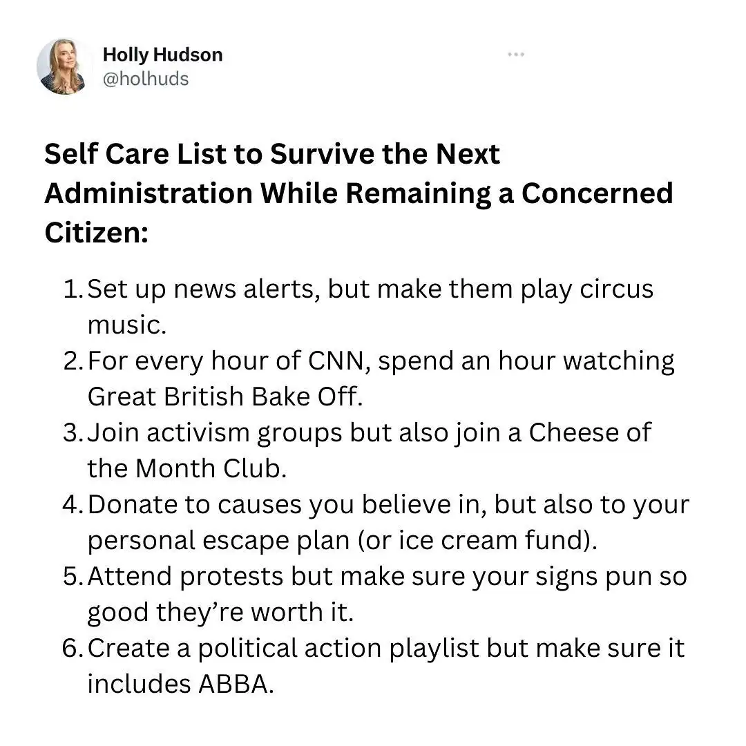 A screenshot of a tweet by Holly Hudson (@holhuds) displaying a satirical 'Self Care List to Survive the Next Administration…