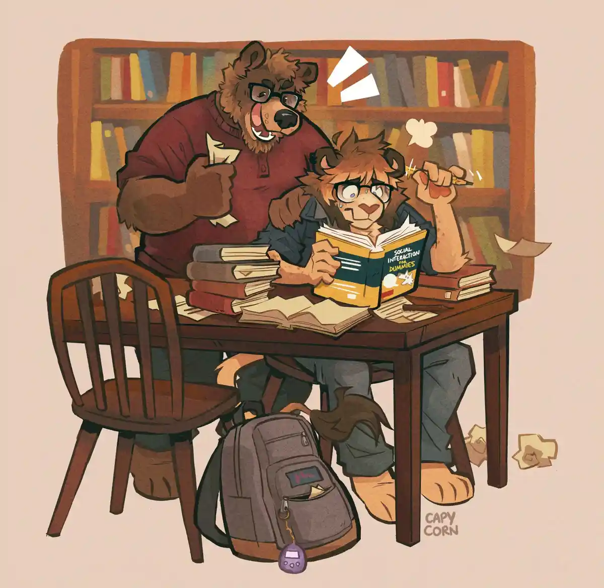 An anthropomorphic lion cub wearing glasses sits at a cluttered wooden desk, visibly stressed while reading a book titled…