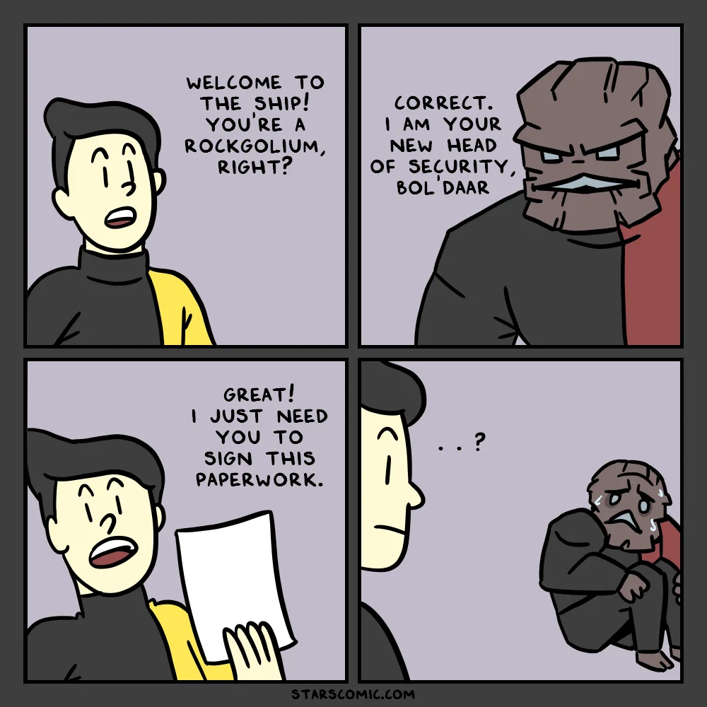 A four-panel comic shows a new employee being welcomed aboard a ship by a large, angry-looking rock-like alien named…