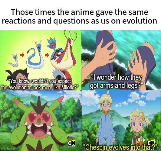 A four-panel meme comparing anime characters' reactions to Pokémon evolutions with viewers' own reactions. Top-left: A…