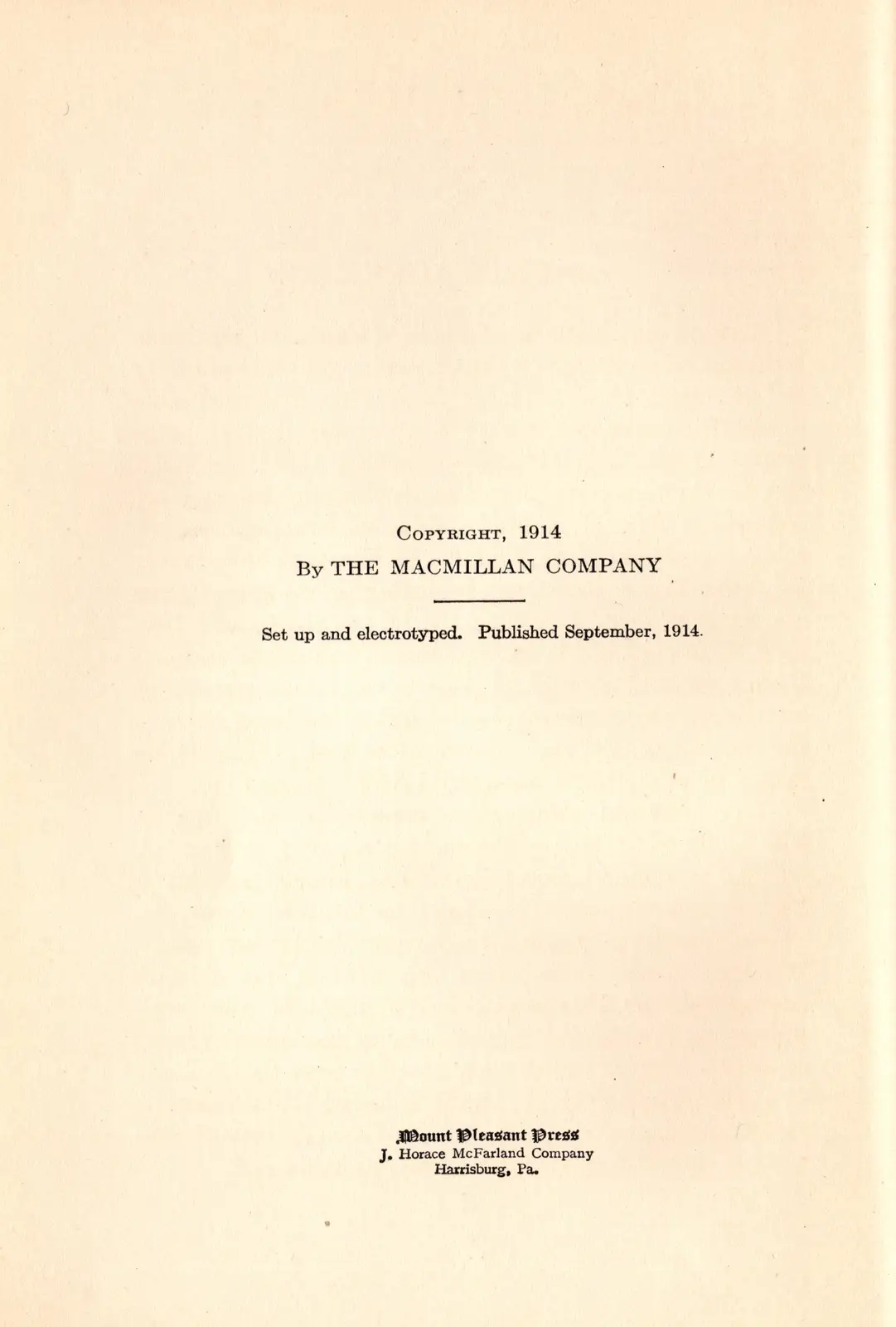 The image displays a vintage copyright page from a 1914 book, printed on aged cream-colored paper. The text indicates…