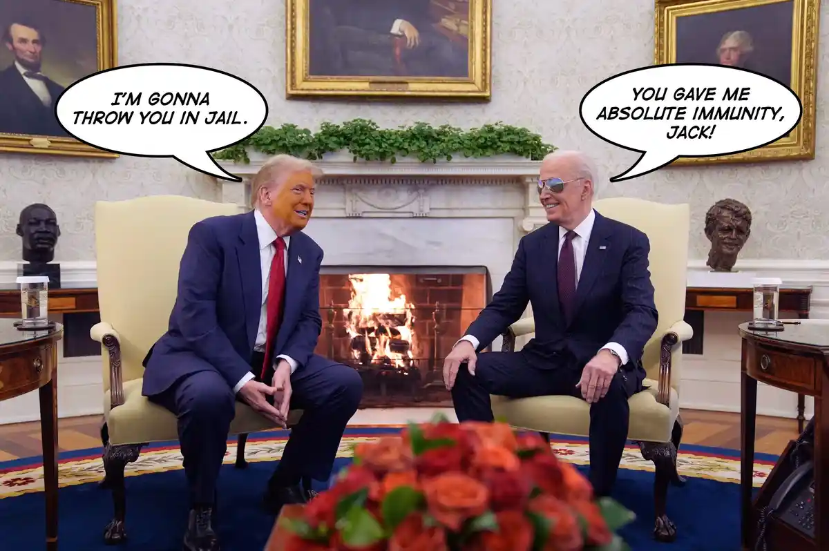 Two men in suits sit opposite each other in a formal room with a fireplace and portraits on the wall. The man on the left…