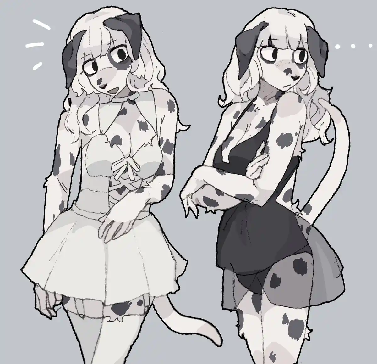 Two anime-style dalmatian girls stand side by side; the one on the left looks surprised with sparkles, while the one on the…