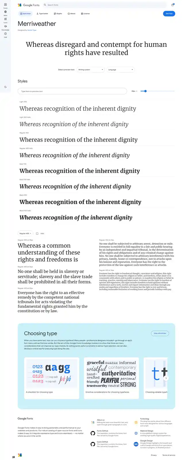 The image is a screenshot of the Google Fonts website displaying the 'Merriweather' font. It shows various weights and…