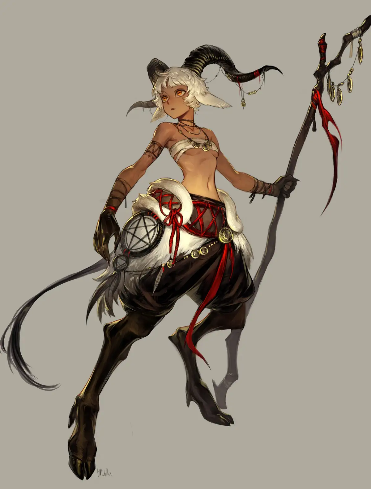 An anime-style illustration of a humanoid goat-like creature with white hair, large curved horns, and a long tail, wearing a…