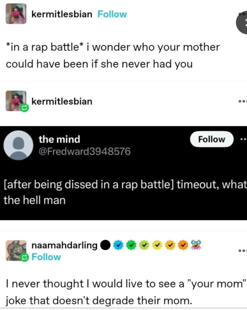 A screenshot of three Twitter replies showing a rap battle exchange. The first user asks 'i wonder who your mother could…