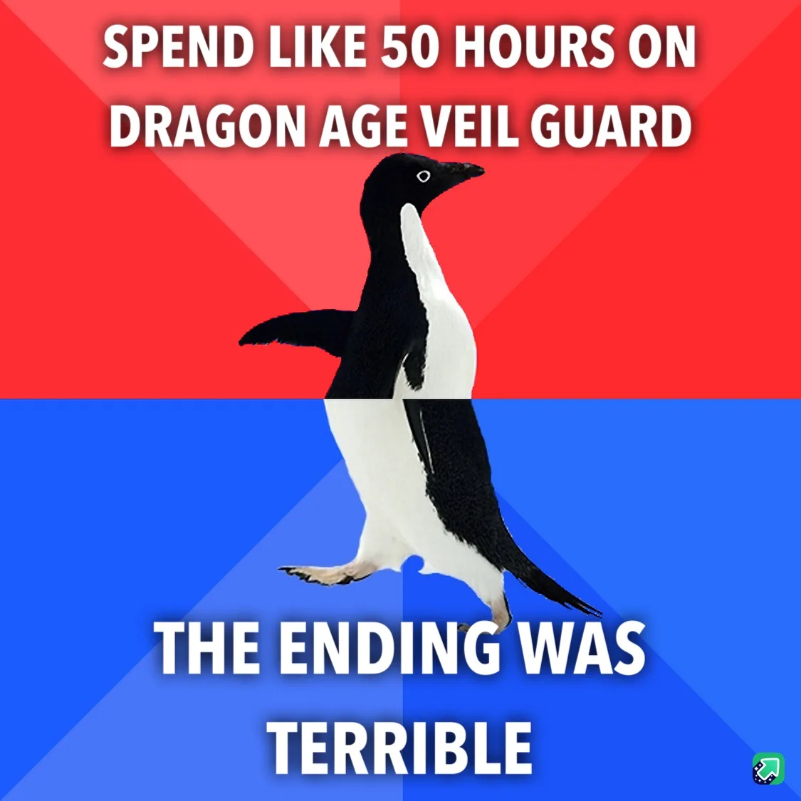 A penguin stands centered against a red and blue background, with white text above stating 'SPEND LIKE 50 HOURS ON DRAGON…