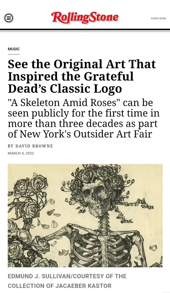A Rolling Stone magazine article screenshot shows a black-and-white illustration of a human skeleton with roses growing from…