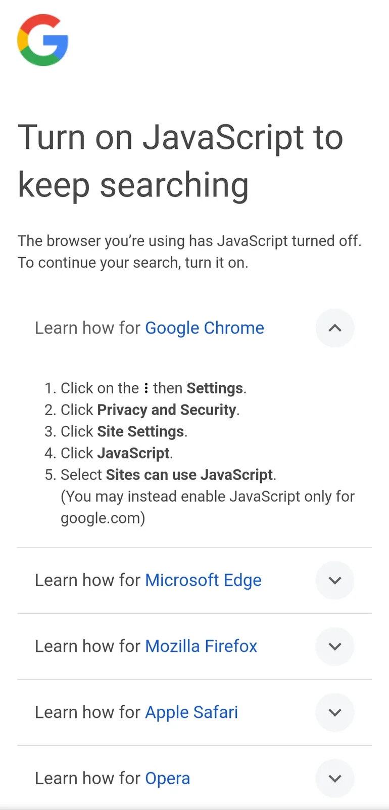 The image displays a Google search error page with the headline 'Turn on JavaScript to keep searching'. It explains that the…
