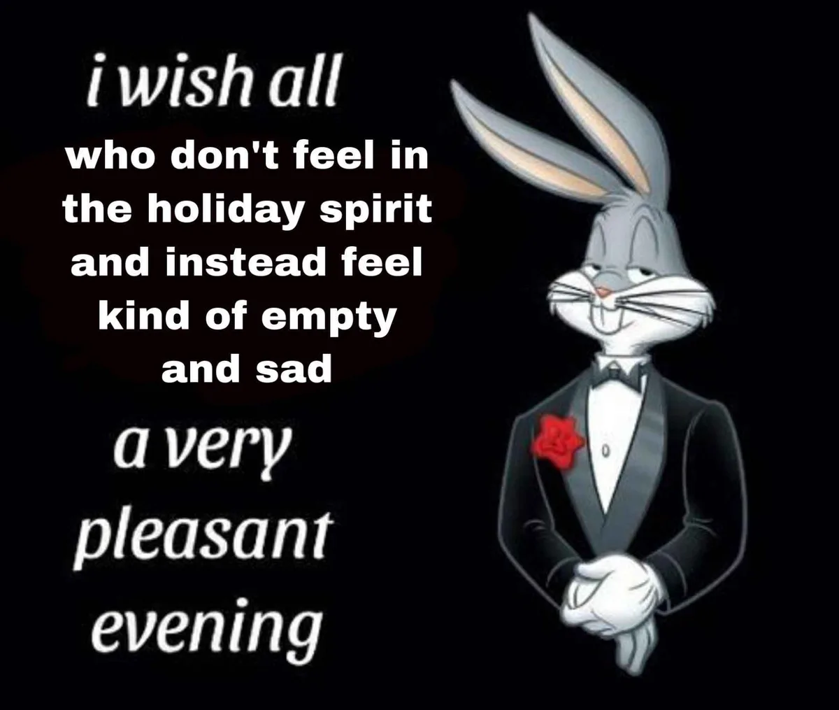 A cartoon rabbit, resembling Bugs Bunny, is dressed in a formal black tuxedo with a red rose boutonniere and white gloves…