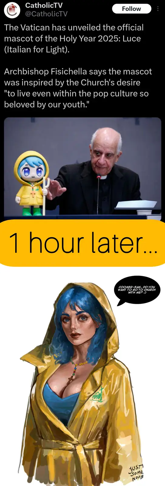 The top panel shows an older man in clerical attire holding a small, cute, chibi-style mascot with blue hair and a yellow…