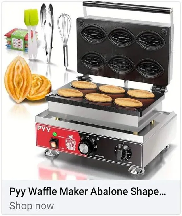 A commercial-grade waffle maker branded 'PYY' with six oval-shaped cooking plates, each imprinting a waffle with a distinct…