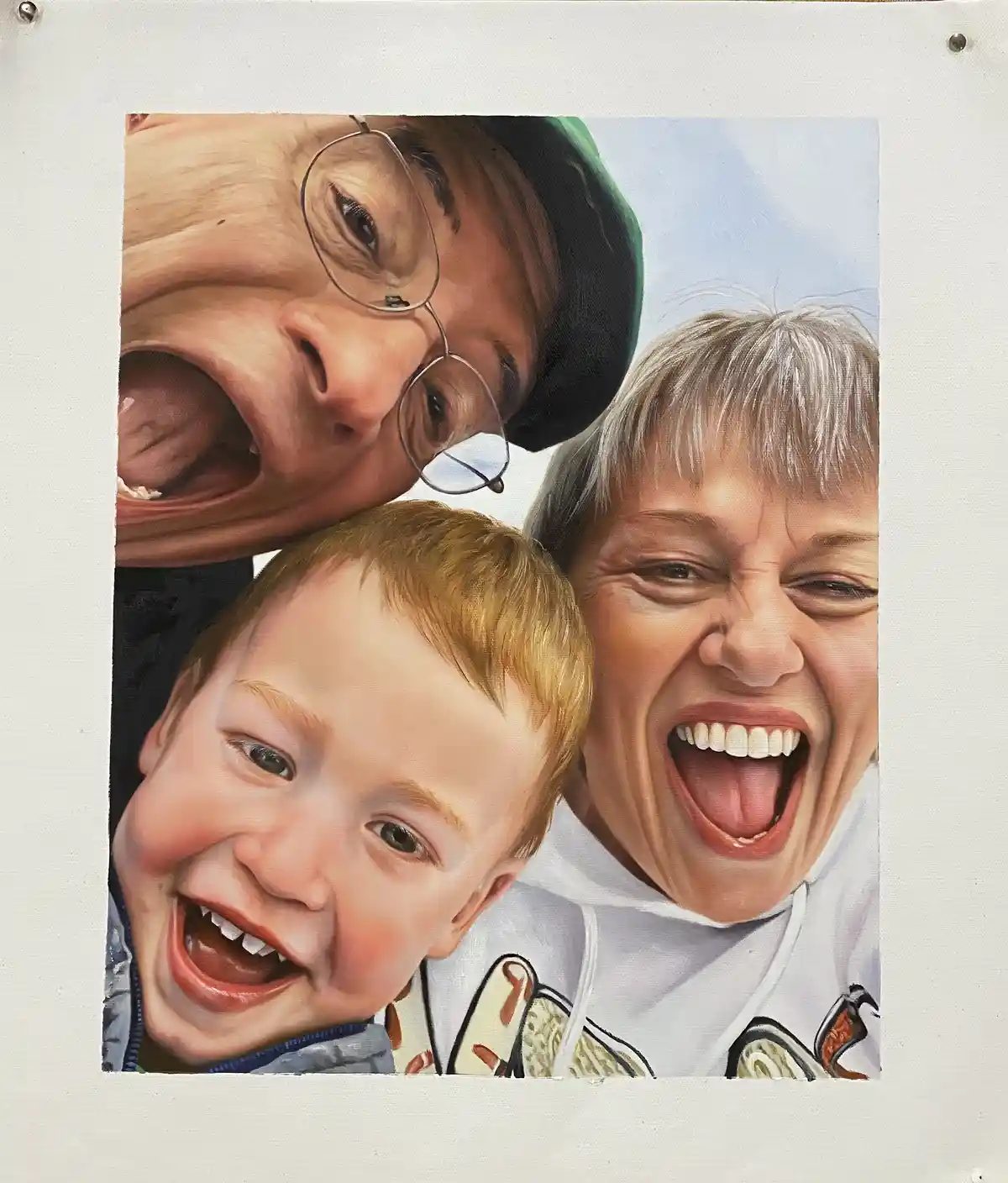 A hyperrealistic painting depicts three people—two adults and a child—taking a selfie with exaggerated, joyful, and slightly…