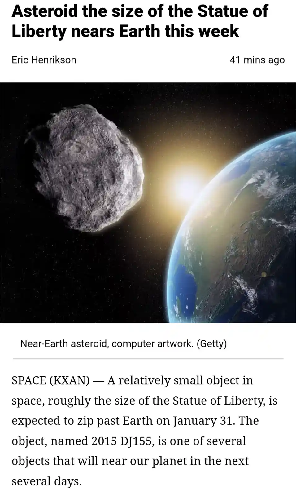An image mimicking a news article shows a large asteroid looming near Earth, with the headline 'Asteroid the size of the…