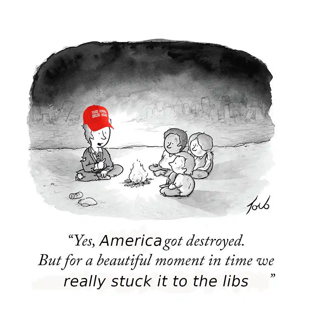 A black-and-white cartoon depicts a man wearing a red 'Make America Great Again' cap sitting around a campfire with three…