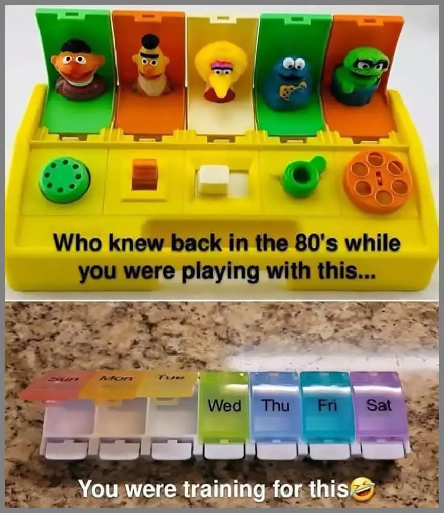 The image is split into two parts. The top shows a yellow plastic toy with five compartments, each holding a small figurine…